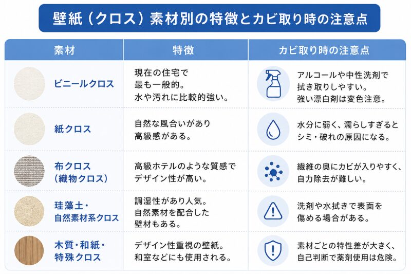 壁紙（クロス）素材別の特徴とカビ取り時の注意点